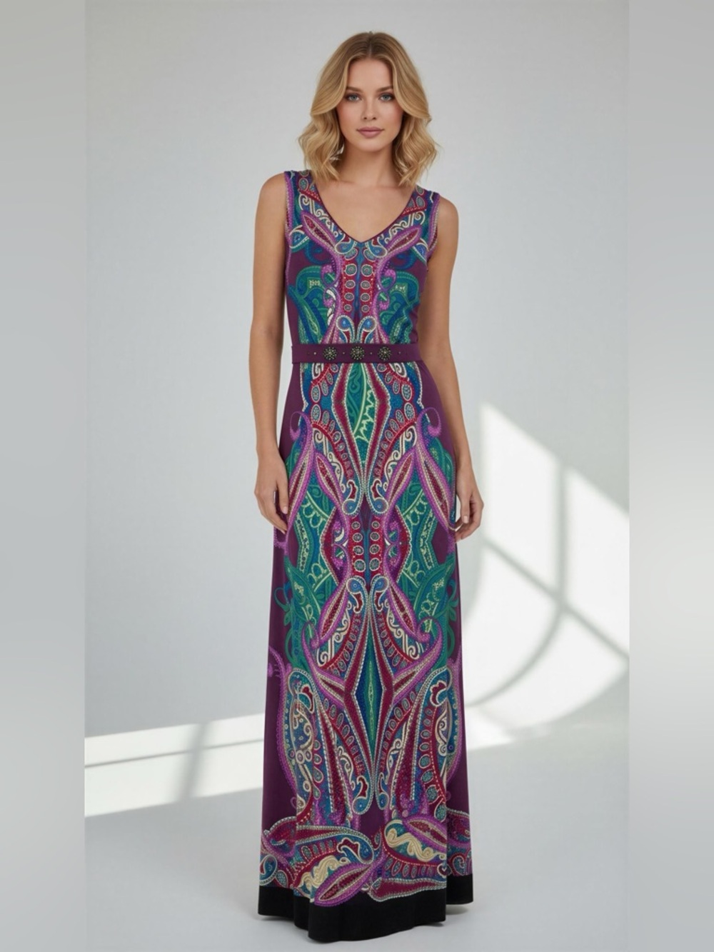 Avenue Sleeveless Paisley Maxi Dress Purple with Multicolor Accents Size 18/20